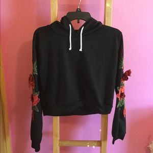 Black 3D Rose Cropped Hoodie